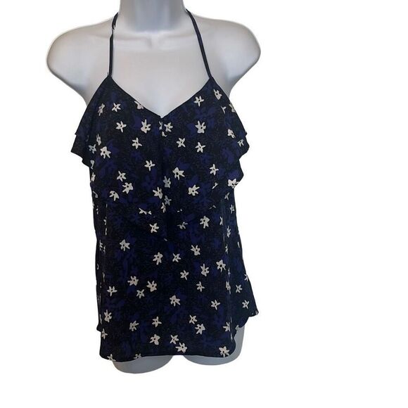 Banana Republic Black Blue Floral Ruffle Racerback Tank Top Camisole Small Boho - Picture 1 of 7